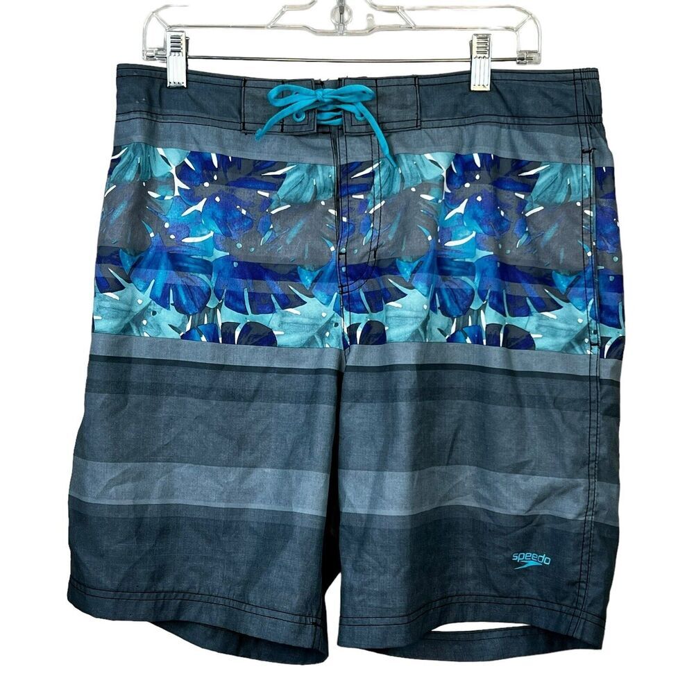Speedo Swim Trunks Blue Gray Tropical Leaf Swim Shorts L Large